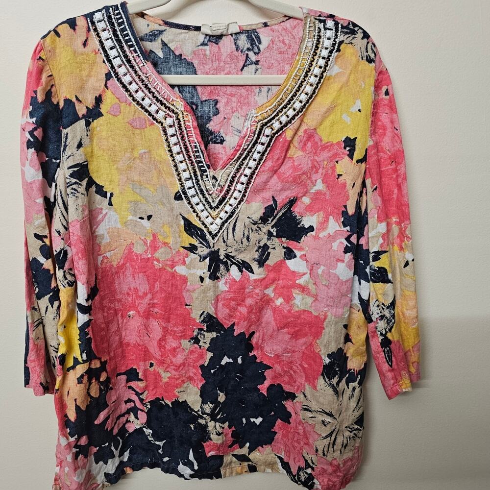 Linen Charter Club Luxury Petite Floral Tunic with Beaded‎ Accent Size PXL